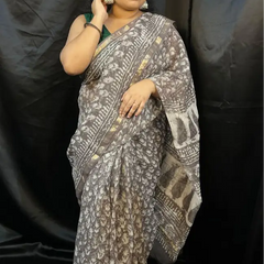 Close-up of grey Kota Doria saree motifs
