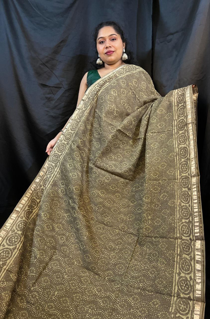 Olive Green Kota Saree with golden zari border full view