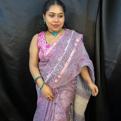 Lavender floral design Kota saree with blue zari border