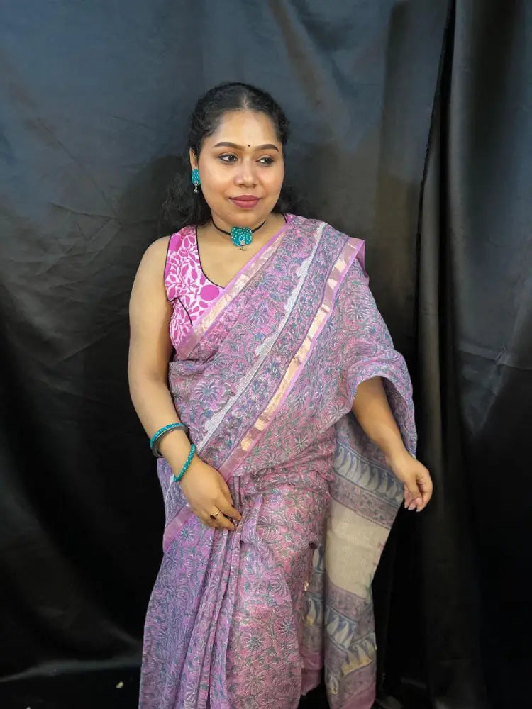 Lavender floral design Kota saree with blue zari border