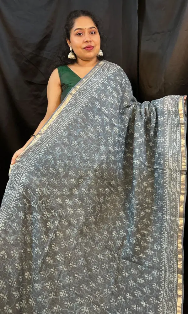 Buy grey Kota Doria saree with blouse piece – elegant festive wear