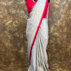Red White Ash Handloom Saree | Elegant Cotton Saree for Durga Puja & Weddings
