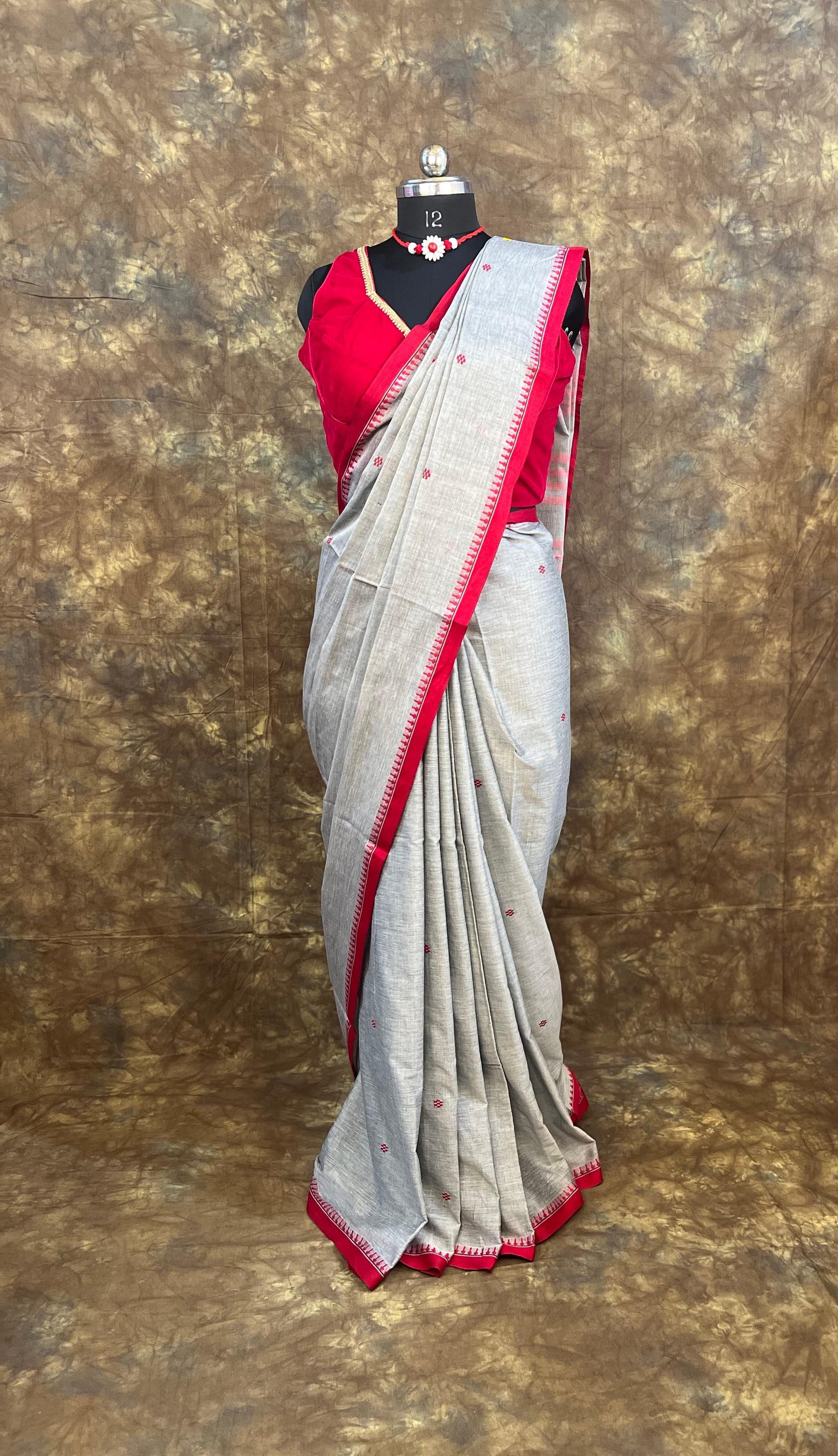 Red White Ash Handloom Saree | Elegant Cotton Saree for Durga Puja & Weddings