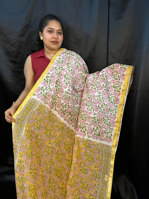 Light Yellow Kota Doria saree handloom cotton silk – full body drape front view