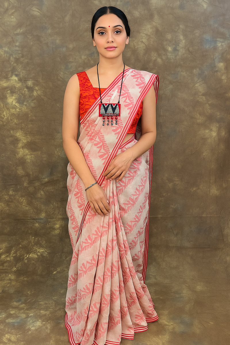 Authentic Bengali cotton saree in red and white, perfect for Sindoor Khela.