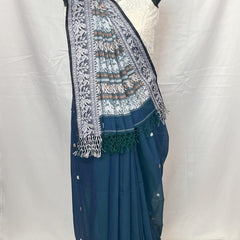 Authentic Bengal handloom Baluchari saree in peacock blue cotton with fine pallu design.