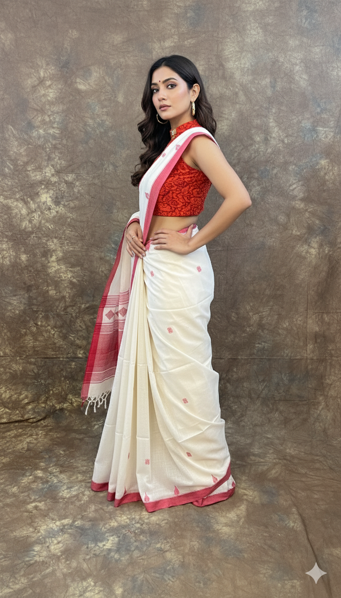 Traditional Bengali saree in red and white for Durga Puja festival look.