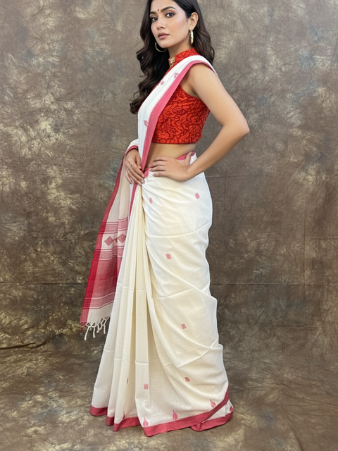 Traditional Bengali saree in red and white for Durga Puja festival look.