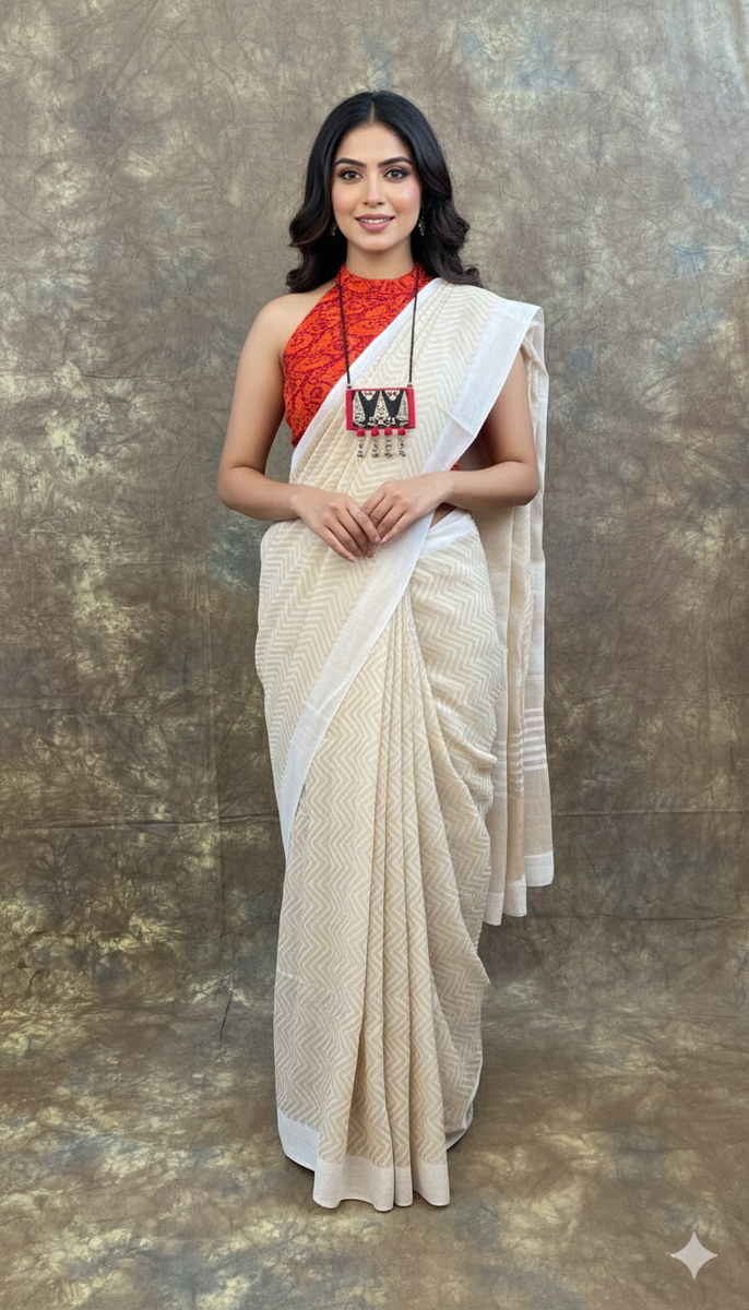 Bengali handloom tussar saree in white, styled for Sindoor Khela during Durga Puja.