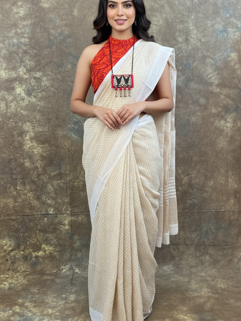 Bengali handloom tussar saree in white, styled for Sindoor Khela during Durga Puja.