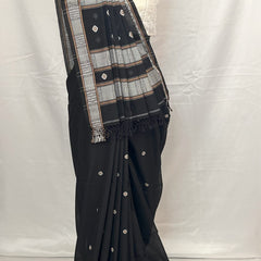 Black Handloom Saree pure cotton front view with blouse piece