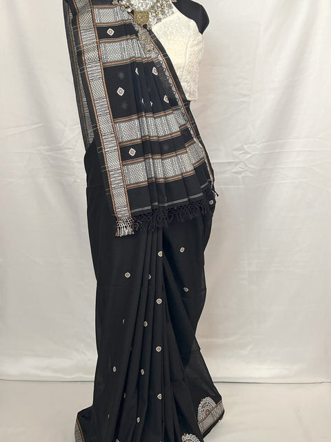 Black Handloom Saree pure cotton front view with blouse piece
