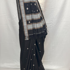 Traditional handloom cotton saree in black with fine weaving details