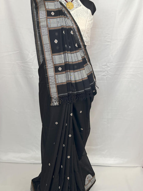 Traditional handloom cotton saree in black with fine weaving details