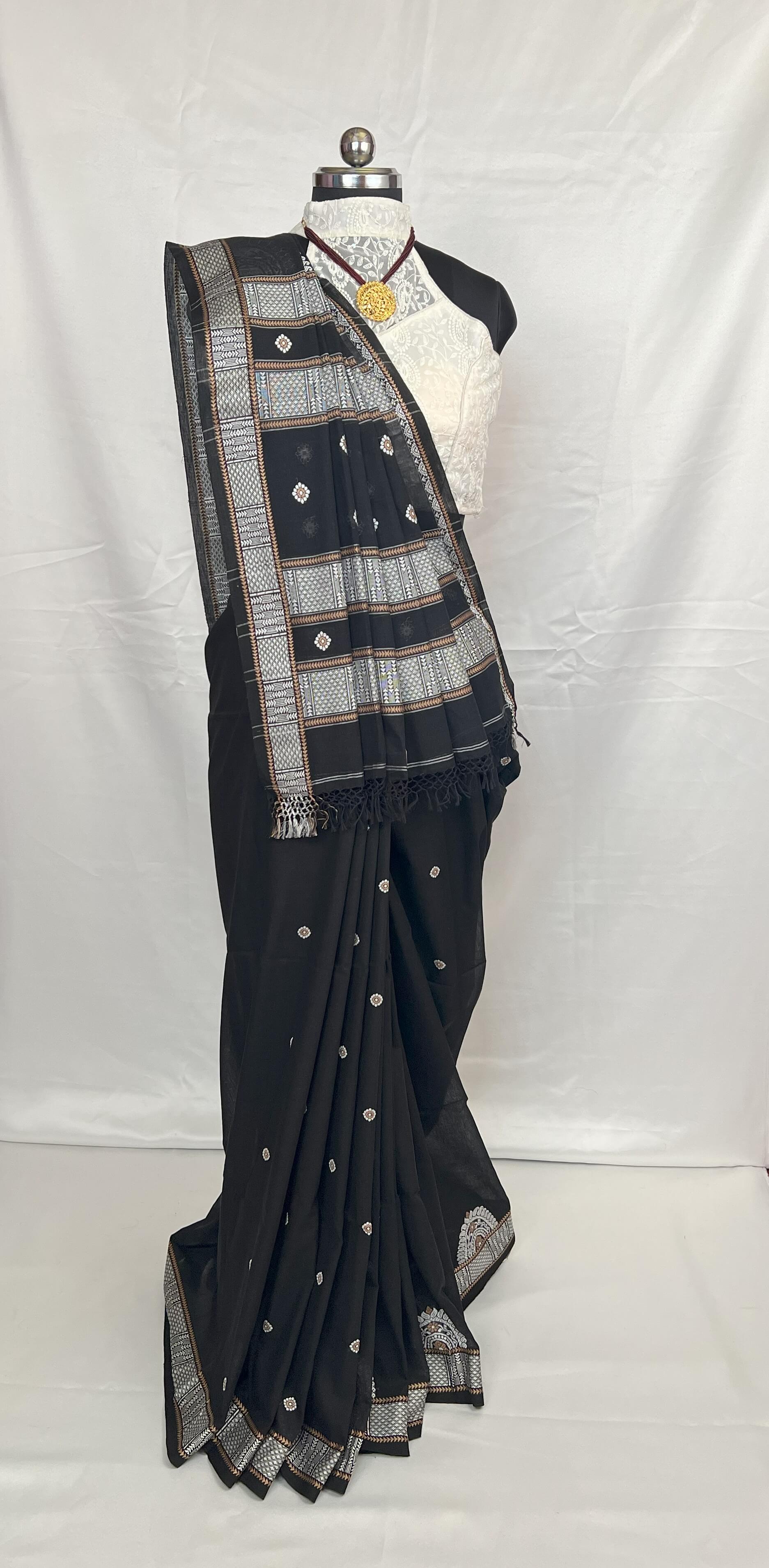Traditional handloom cotton saree in black with fine weaving details