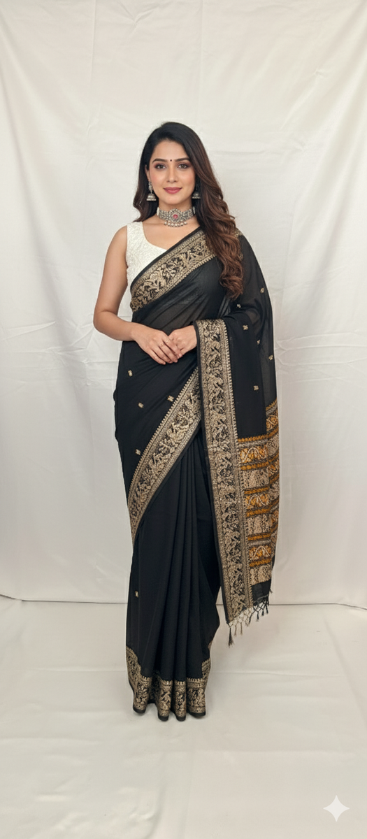 Woman wearing a black saree with gold embroidery on a white background