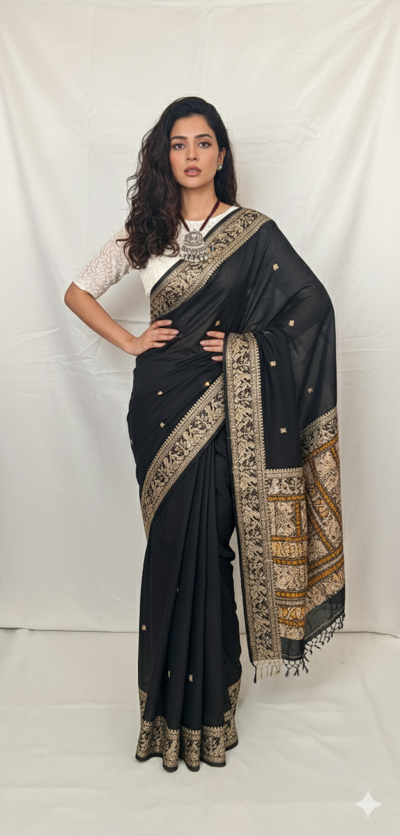 Woman wearing a black saree with gold patterns against a white background