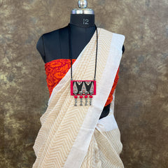 Festive tussar silk saree in  white for Navratri and Durga Puja celebrations.
