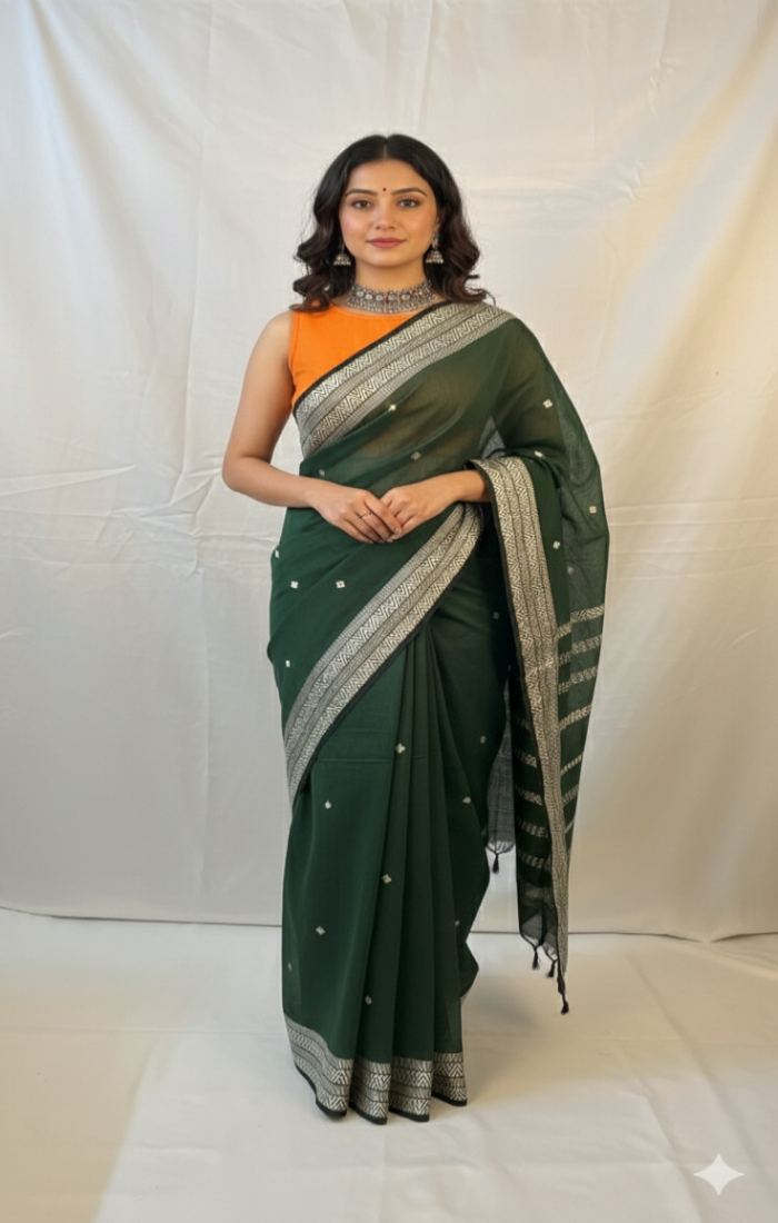 Elegant green handloom saree styled for Diwali celebration.