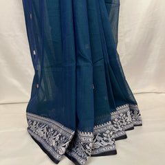 Indian handloom Baluchari saree in peacock blue cotton, perfect for festive and wedding wear.