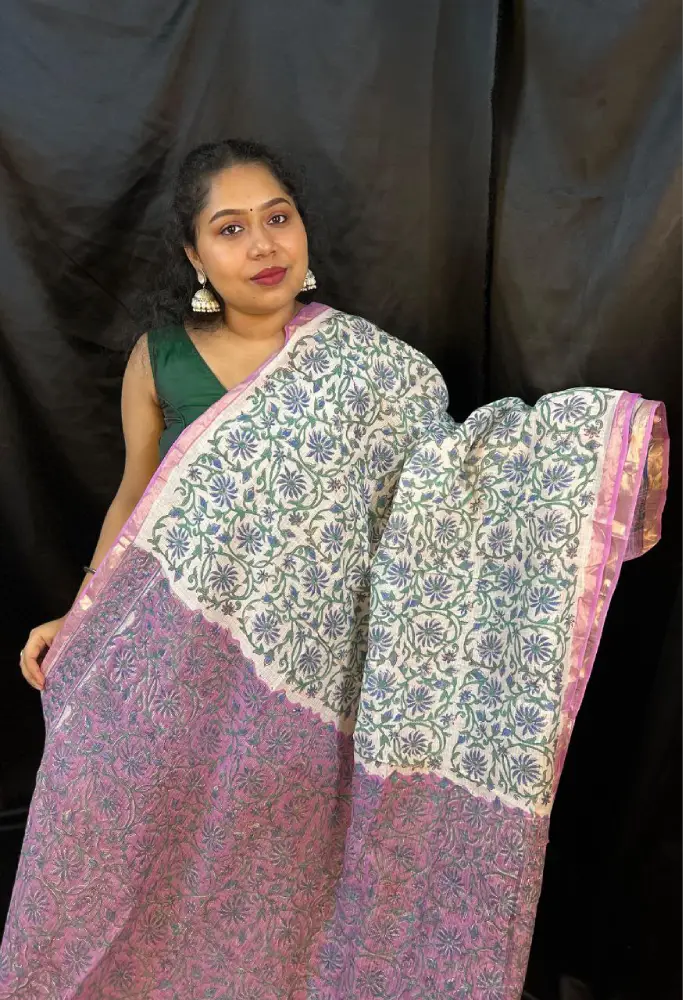 Buy authentic Lavender & Blue Kota Doria saree with zari border online