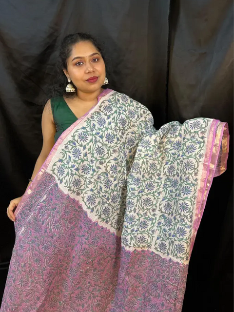 Buy authentic Lavender & Blue Kota Doria saree with zari border online