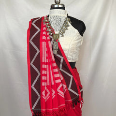 Lightweight red and white cotton handloom saree designed for comfort and festive elegance.