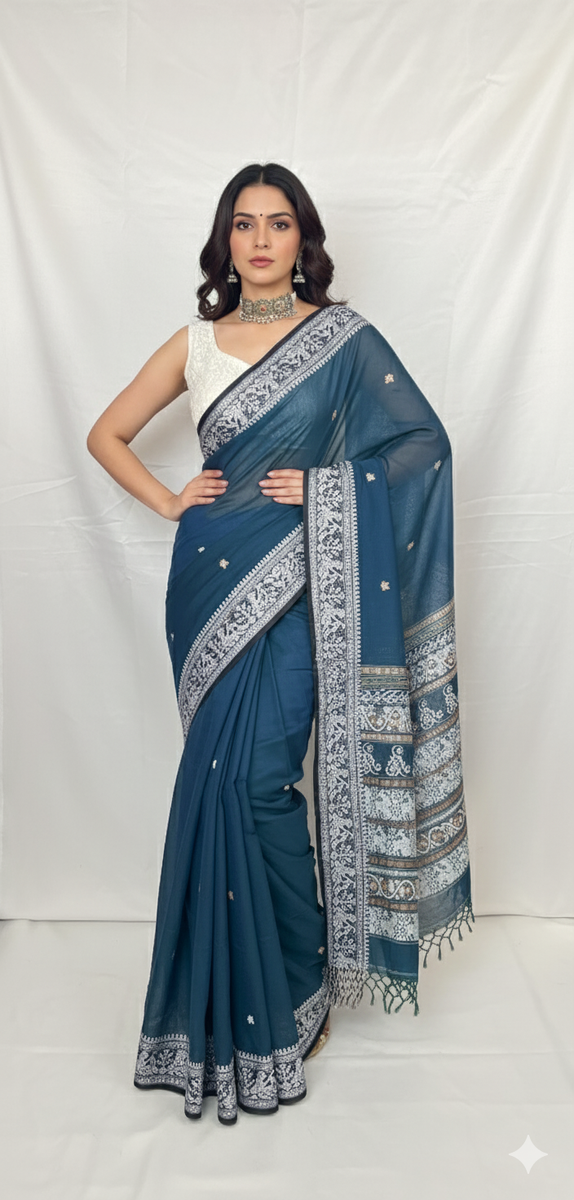 Peacock blue cotton handloom Baluchari saree front view with intricate white weaving from Bengal India