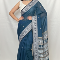Peacock blue cotton handloom Baluchari saree front view with intricate white weaving from Bengal India