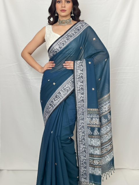 Peacock blue cotton handloom Baluchari saree front view with intricate white weaving from Bengal India