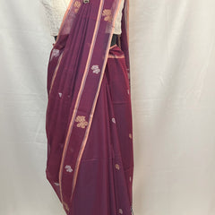 Authentic Bishnupur handloom Baluchari saree in peacock purple cotton fabric with fine weaving.