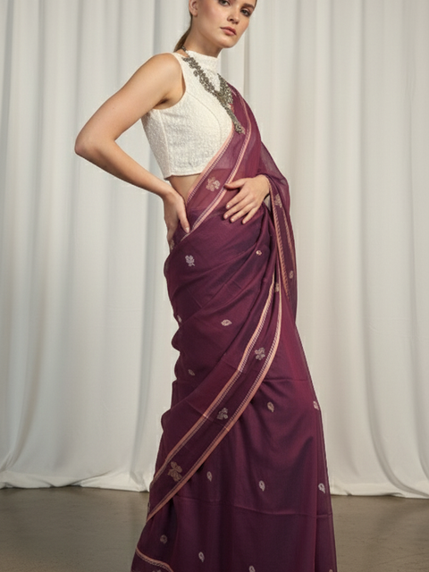 Peacock purple Baluchari saree featuring traditional Bengali motifs, handwoven by artisans of Bishnupur.