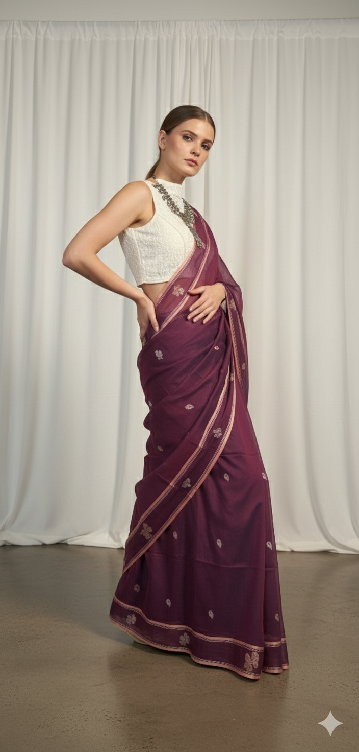 Peacock purple Baluchari saree featuring traditional Bengali motifs, handwoven by artisans of Bishnupur.