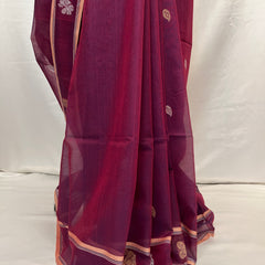 Full-length drape of peacock purple cotton Baluchari saree with handloom weaving details.