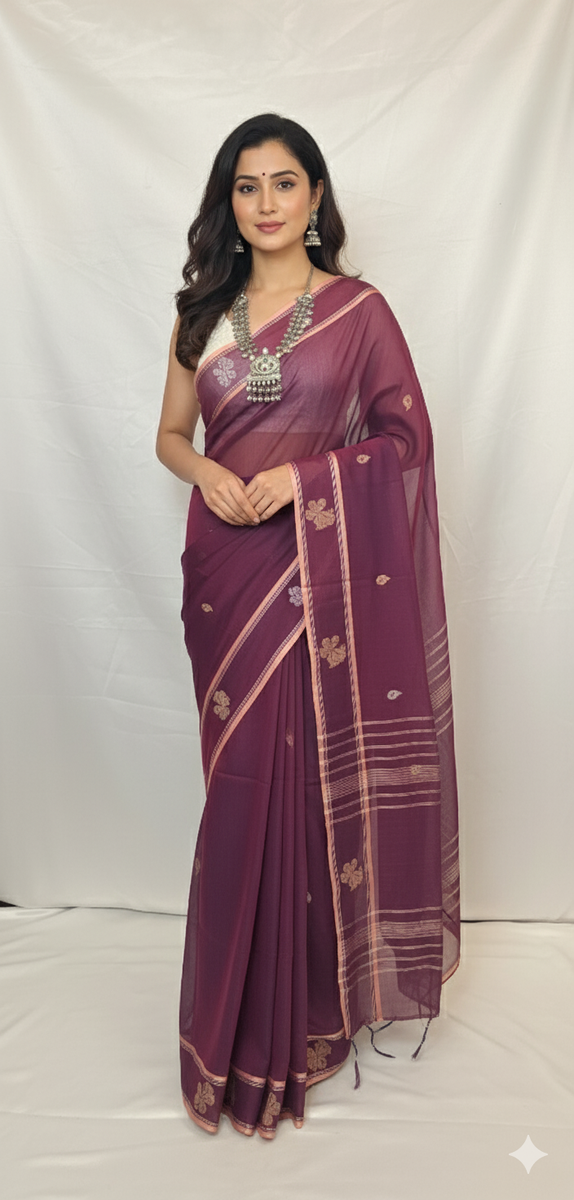 Front view of peacock purple cotton handloom Baluchari saree with intricate weaving, perfect for wedding and festive wear.