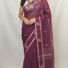 Front view of peacock purple cotton handloom Baluchari saree with intricate weaving, perfect for wedding and festive wear.