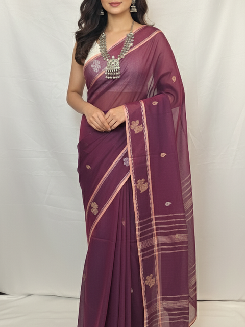 Front view of peacock purple cotton handloom Baluchari saree with intricate weaving, perfect for wedding and festive wear.