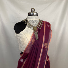 Elegant peacock purple handloom Baluchari saree in cotton, perfect for partywear and cultural events.