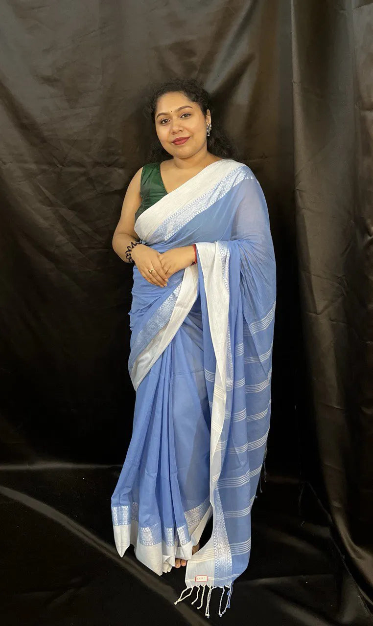 Handloom Saree – Elegant Blue Handwoven Cotton Saree for Office & Occasions