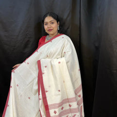 Red and White Cotton Handloom Saree – Traditional Durga Puja Saree | Vaarnali