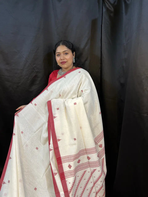 Red and White Cotton Handloom Saree – Traditional Durga Puja Saree | Vaarnali