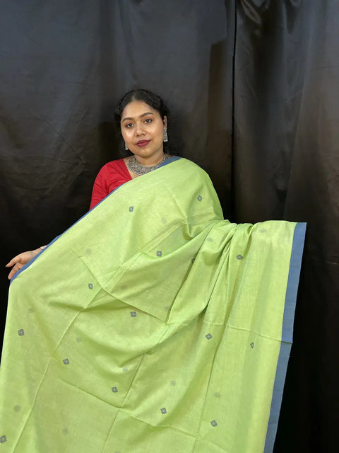 Handloom Saree – Light Green Cotton Saree with Blue Border | Ethically Made