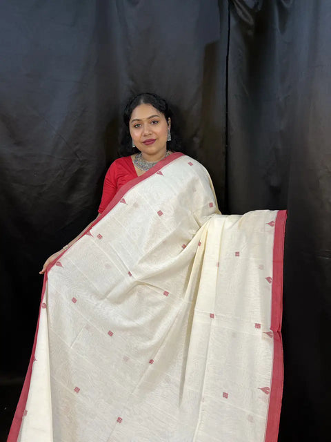 Red and White Cotton Handloom Saree – Traditional Durga Puja Saree | Vaarnali
