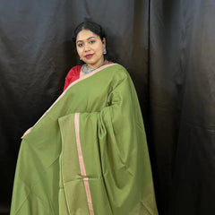 Green Cotton Handloom Saree – Striped Pallu | Vaarnali