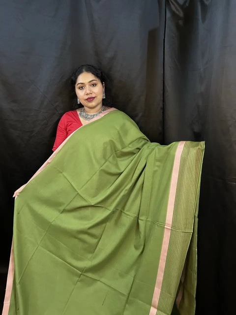 Green Cotton Handloom Saree – Striped Pallu | Vaarnali