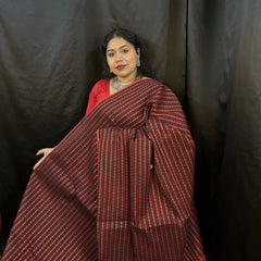 Red Pure Handloom Cotton Saree – Elegant Black & Red Patterned Weave
