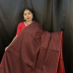 Red Pure Handloom Cotton Saree – Elegant Black & Red Patterned Weave