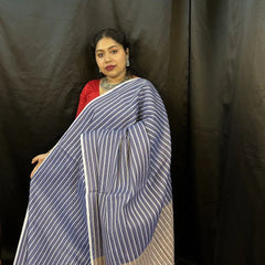 Blue Cotton Handloom Saree – Striped Bengal Tant Weave | Vaarnali