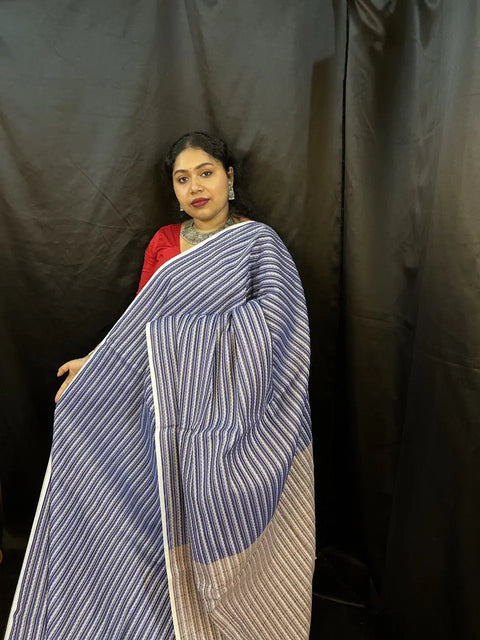 Blue Cotton Handloom Saree – Striped Bengal Tant Weave | Vaarnali