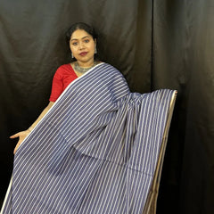 Blue Cotton Handloom Saree – Striped Bengal Tant Weave | Vaarnali